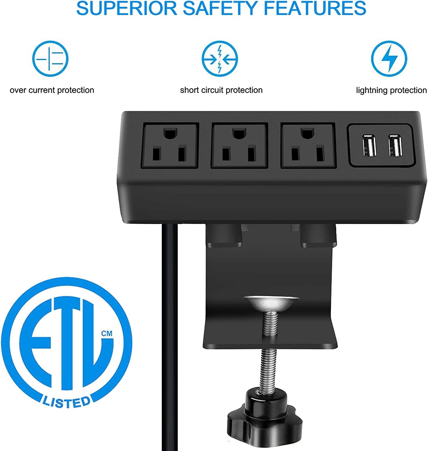 3-Outlet Desk Clamp Power Strip with USB Charging - Simply Sorted