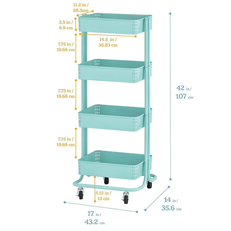 4-Tier Metal Rolling Utility Storage Cart, Multipurpose Organization, Multipurpose Organization, Teal