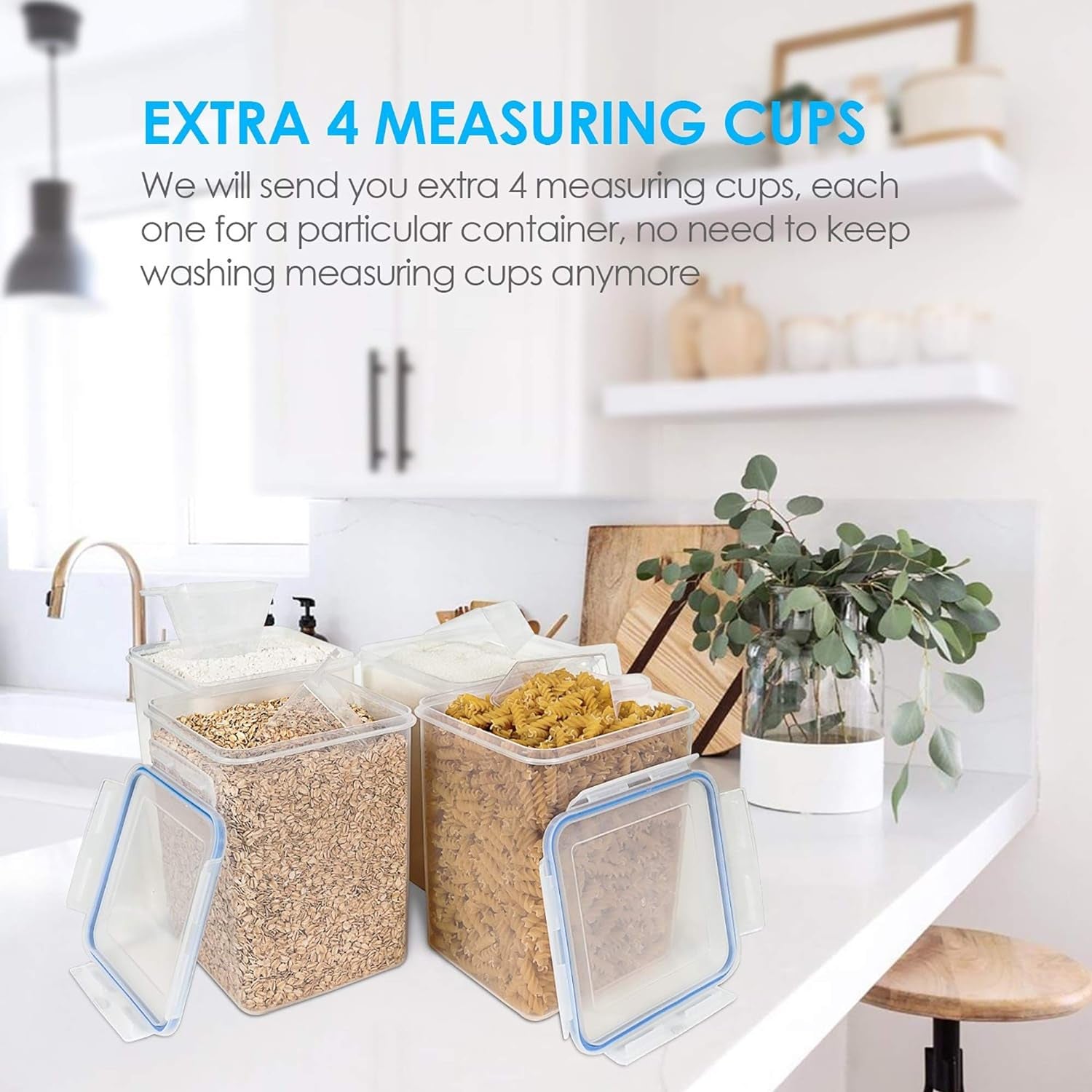 Keep Your Kitchen Organized! 🌟 4-Pack 5.2L BPA-Free Airtight Storage Containers for Flour, Sugar & More - Includes Lids, 4 Measuring Cups & 24 Labels! 💙