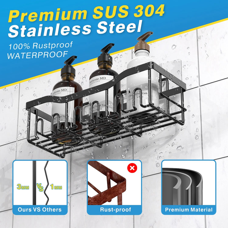 Transform your shower space with our 5-Pack Adhesive Shower Caddy! 🚿✨ No drilling needed, just stick and organize! Perfect for bathroom & kitchen, made from rustproof SUS304 stainless steel. Upgrade your storage game today! 🖤 
