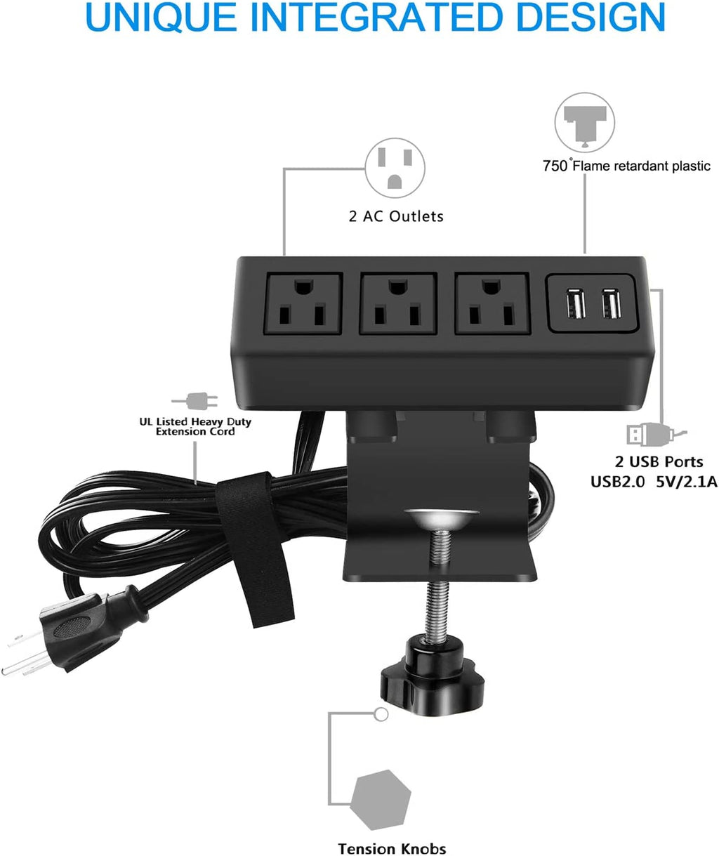 3-Outlet Desk Clamp Power Strip with USB Ports, 1200J Surge Protector, Table-Mounted Charging Station, 125V 12A 1500W Power Outlet