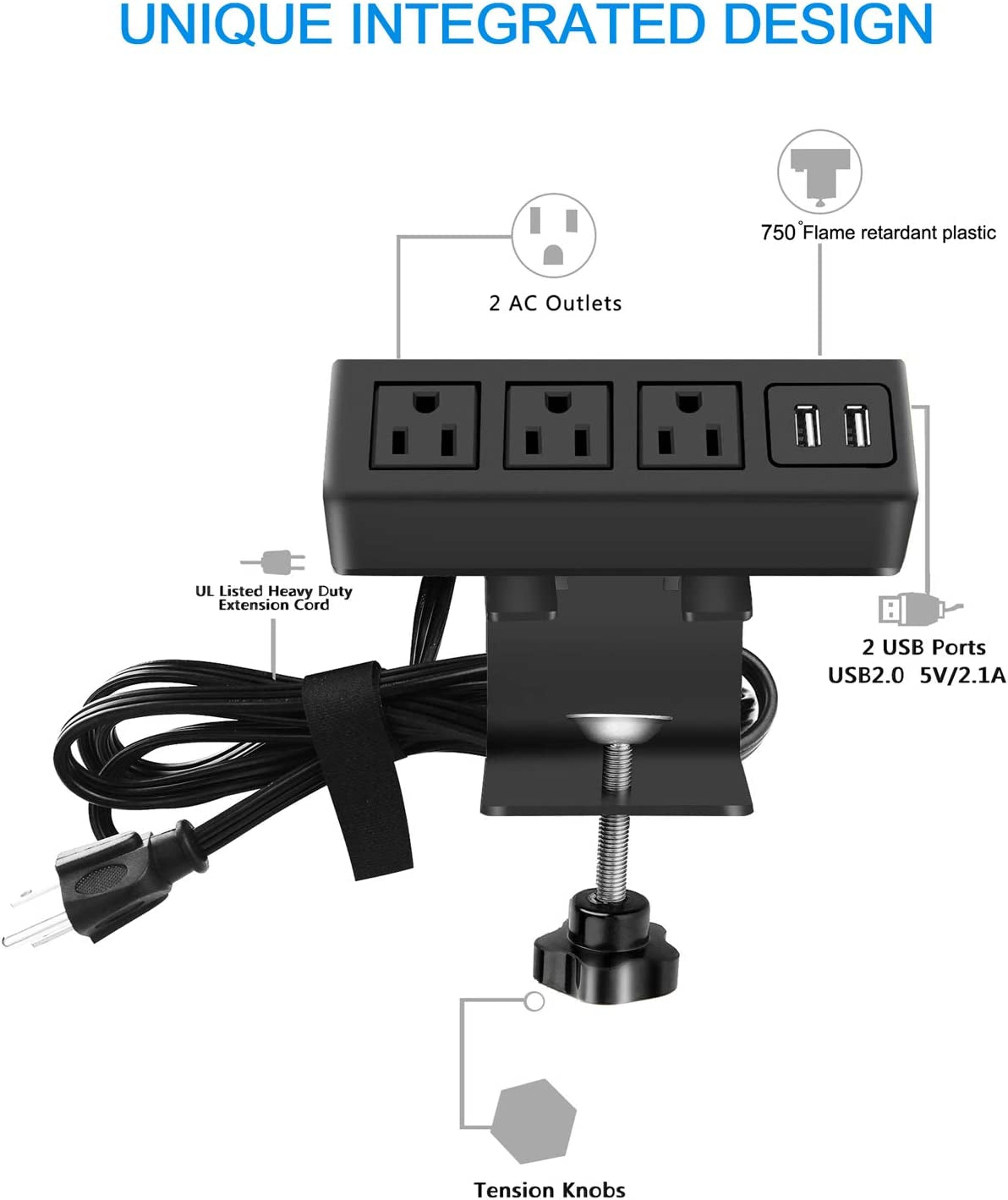 3-Outlet Desk Clamp Power Strip with USB Ports, 1200J Surge Protector, Table-Mounted Charging Station, 125V 12A 1500W Power Outlet