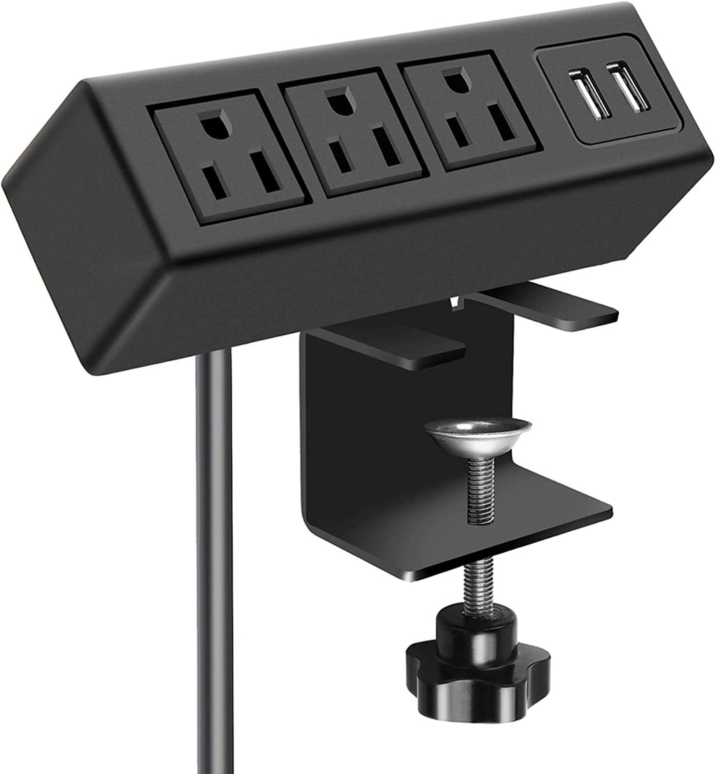 3-Outlet Desk Clamp Power Strip with USB Ports, 1200J Surge Protector, Table-Mounted Charging Station, 125V 12A 1500W Power Outlet