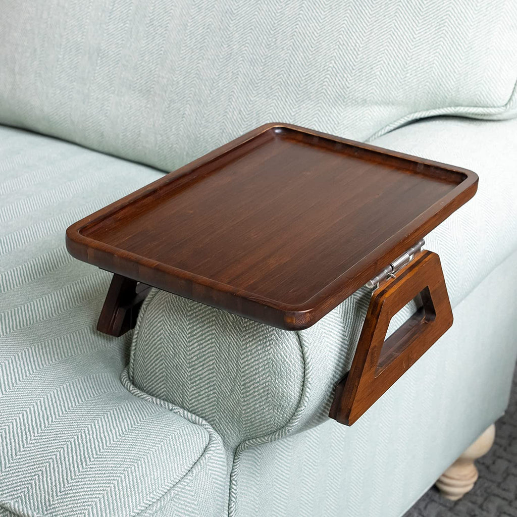 Bamboo Clip-On Couch Arm Table - Versatile Sofa Tray for TV Dinners, Remotes, Drinks, and Snacks, 13.75 x 9.5 Inches, Brown